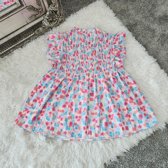 Sky Blue Shirred Yoke Ruffled Abstract Printed Blouse. Stretchy. Size M - Picture 5 of 9